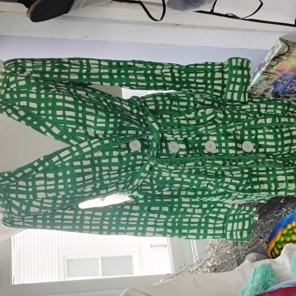 Cabi Green and White Belted Linen Jacket Style 6025 Size Medium